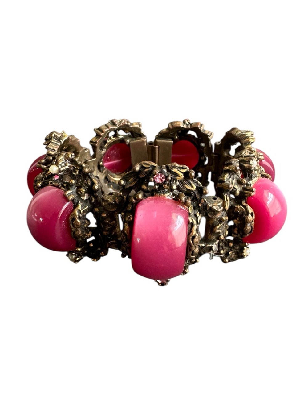 Vintage Moonglow Chunky Bracelet 1950s Thermoset‎ Resin Fuchsia Cabochon 7"